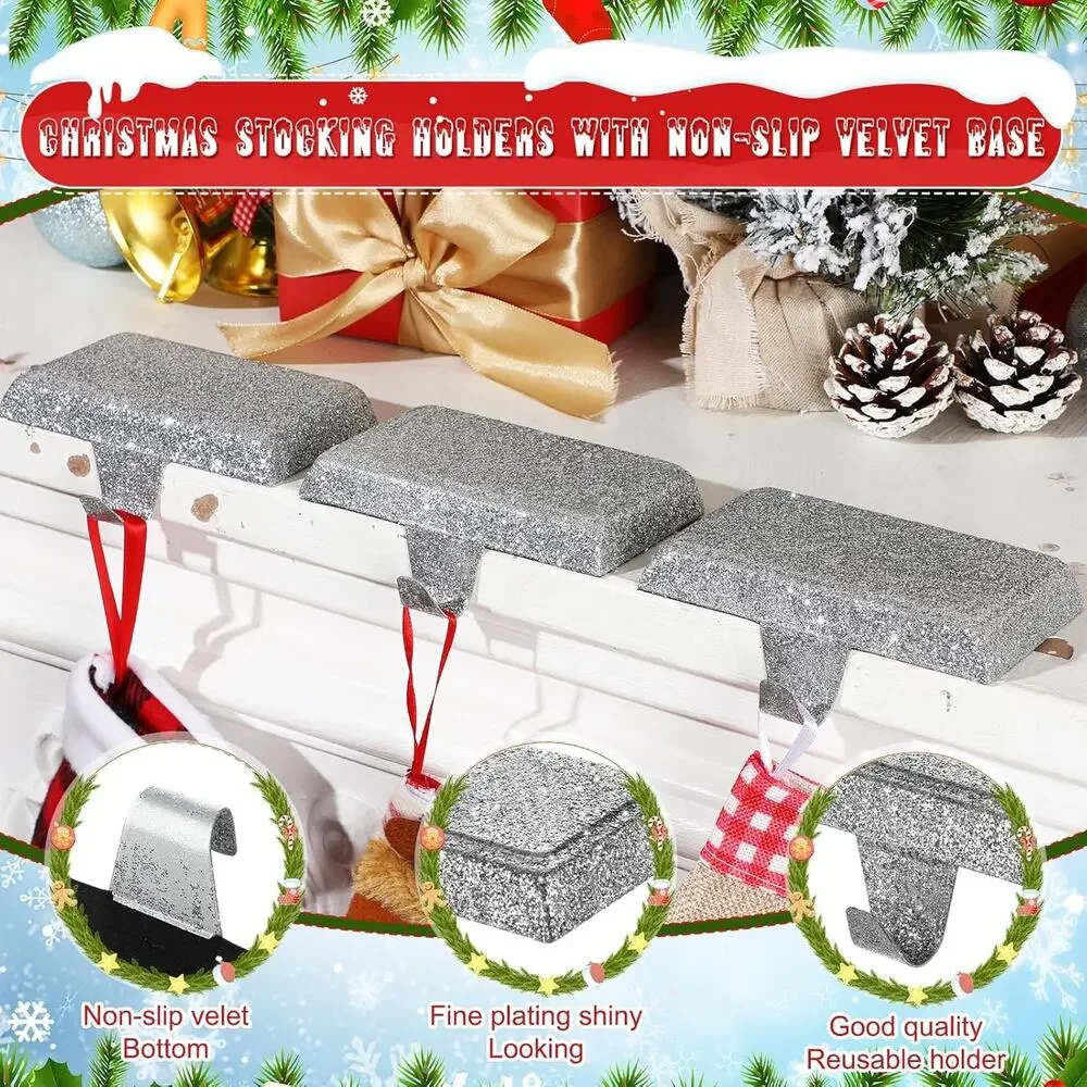 Set of 4 Metal Christmas Stocking Holders Shiny Mantel Heavy Duty